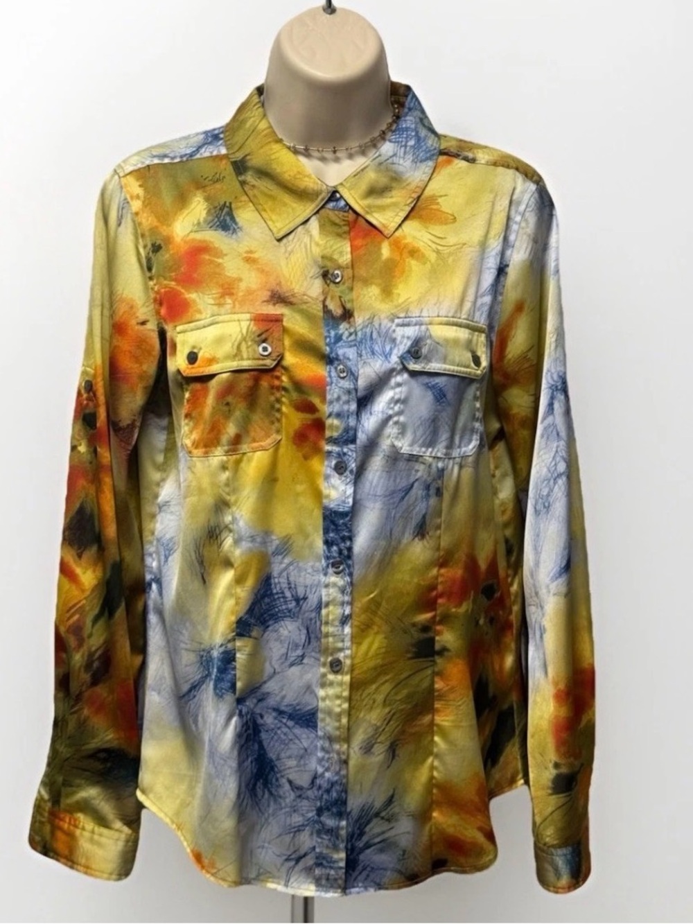 Calvin Klein Tie Dye Button Down Shirt Women’s Small Multicolor Stretch Blouse